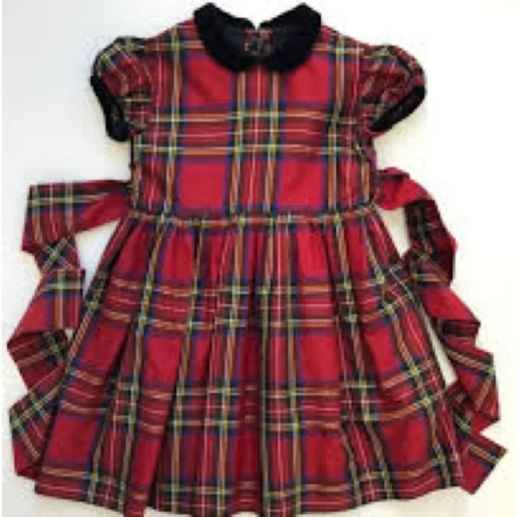 Oscar de la Renta Plaid Silk Dress with Royal Blue Velvet Collar Size 18 mo Girl
